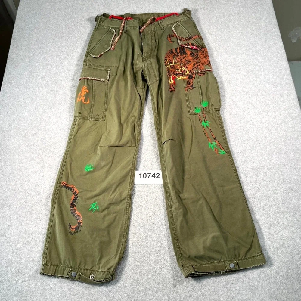 Vintage Polo Ralph Lauren Paratrooper Pants Hand Painted Tiger Japanese Kanji